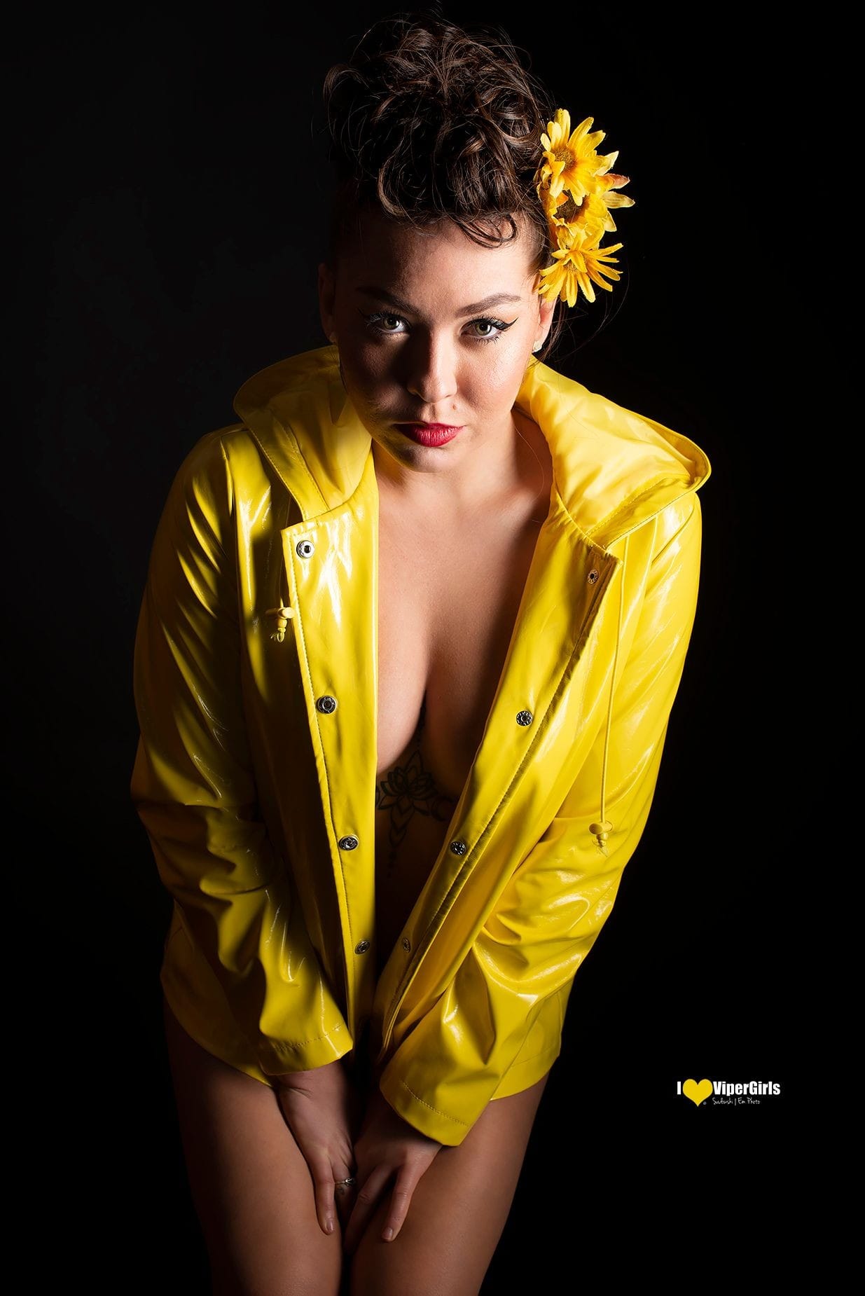 Ilovvipergirls.com Yello Raincoat series.Yellow Slicker. Sexy Fun and Flirty, Boudoir,Glamour,Fashion. Implied Nude.Yellow sunflowers.