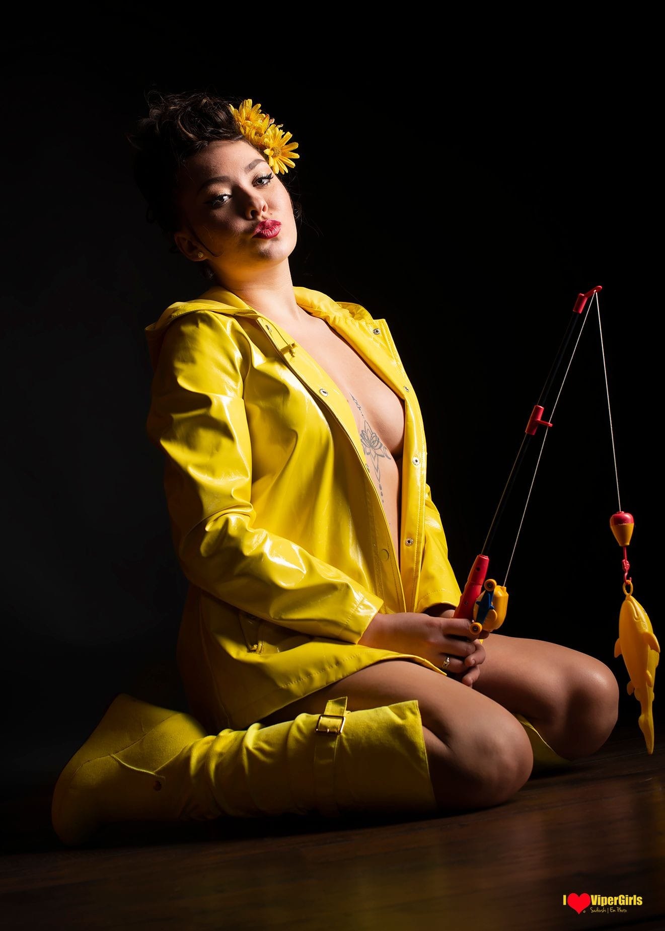 Ilovvipergirls.com Yello Raincoat series.Yellow Slicker. Sexy Fun and Flirty, Boudoir,Glamour,Fashion. Implied Nude.Yellow sunflowers.