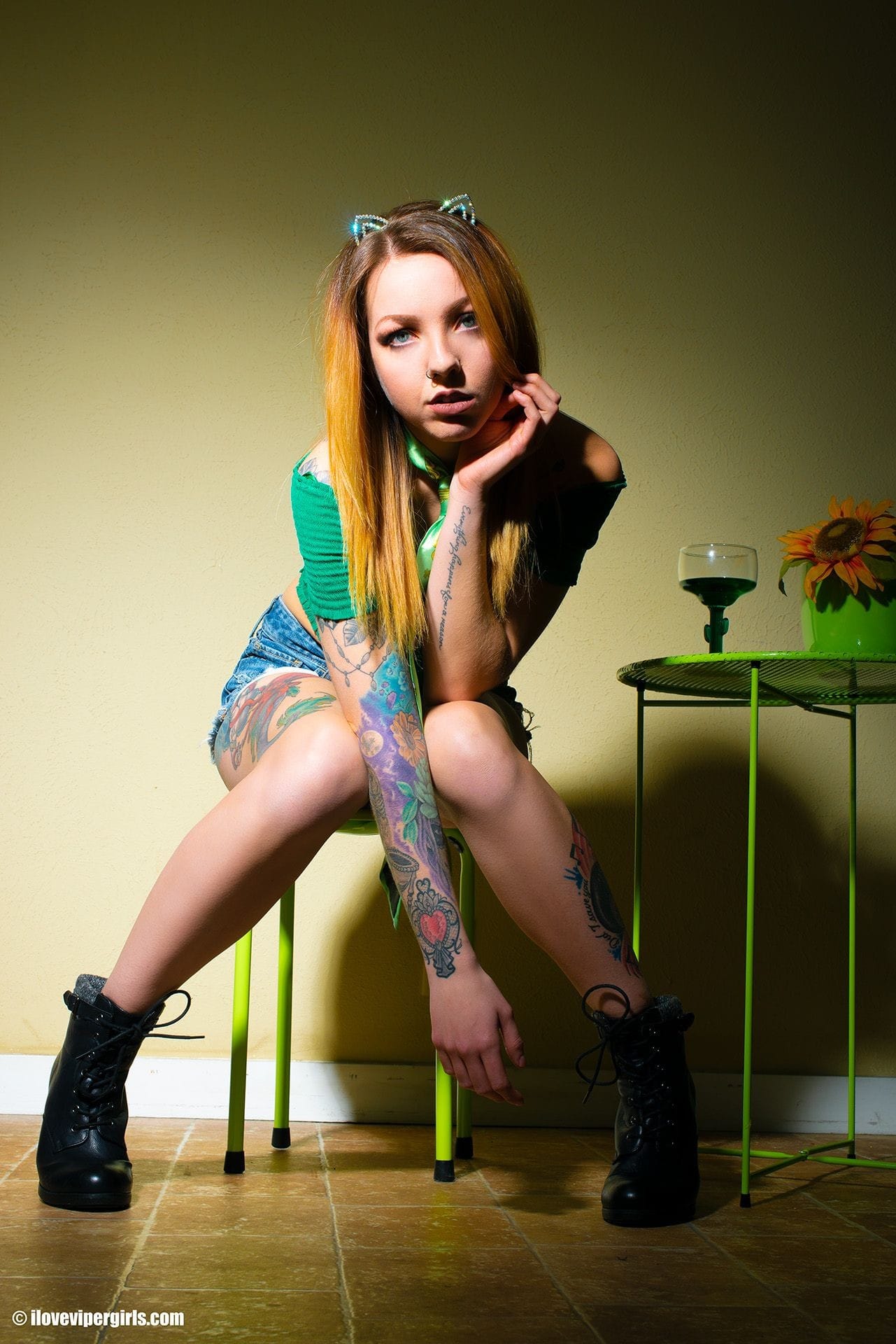 Skyla - ViperGirls St Pattys Day. Green Beer, Girls with Cat Ears. Tattoo Models, Inked Models.