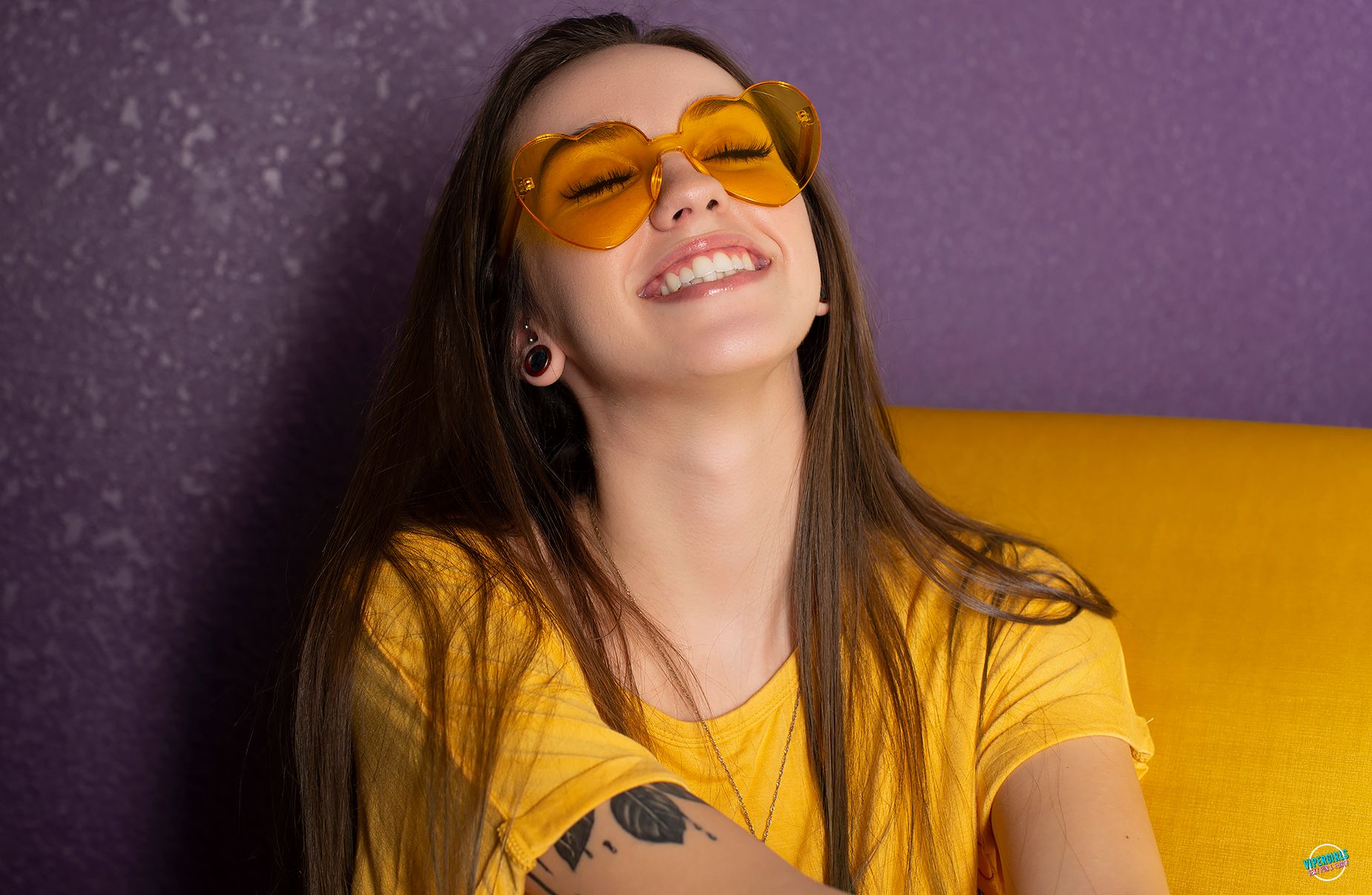 ilovevipergirls.com,ViperGirl Haley, Yellow Chair Series. Nude, Yellow heart glasses,Topless,#vipergirlhaley,Tattoo Girls, #ILVG #ilovevipergirls,#fiftyshades