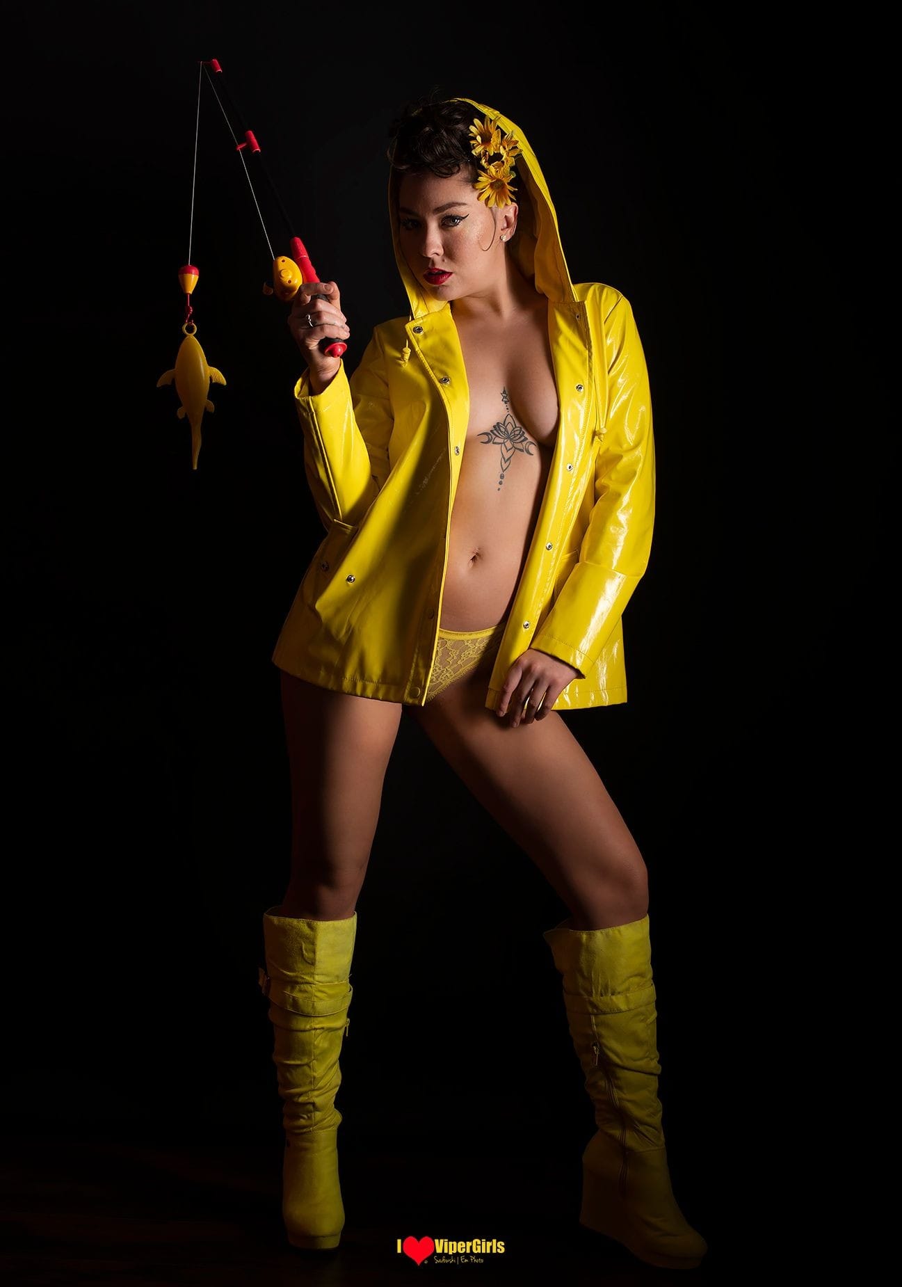 Ilovvipergirls.com Yello Raincoat series.Yellow Slicker. Sexy Fun and Flirty, Boudoir,Glamour,Fashion. Implied Nude.Yellow sunflowers.